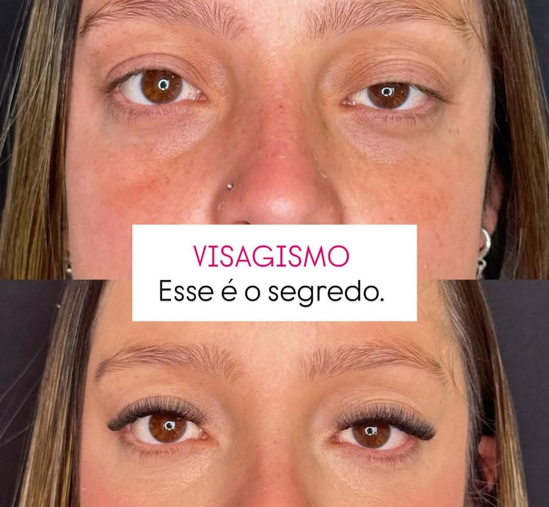 Antes e depois de extensão de cílios com visagismo aplicado pelo Método MAP