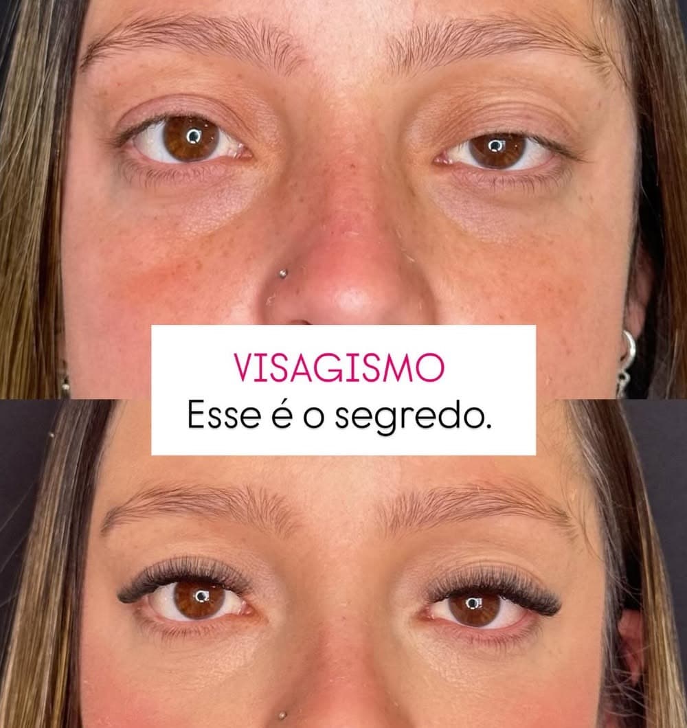 Antes e depois de extensão de cílios com visagismo: abertura e harmonia do olhar
